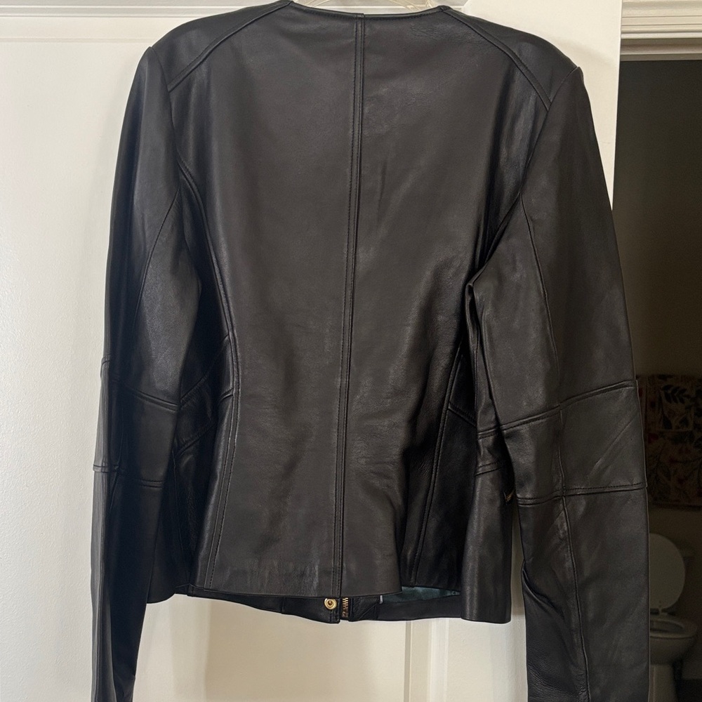 Elie Tahari Black Leather Jacket with Yellow Accents - Picture 3 of 6
